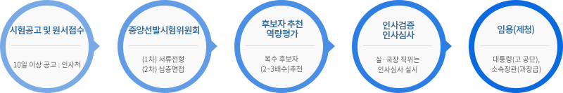 시험공고 및 원서접수 - 10일 이상 공고 : 안행부 > 중앙선발시험위원회 - (1차) 서류전형 (2차) 심층면접 > 후보자 추천 역량평가 - 복수후보자 (2~3배수)추천 > 인사검증 인사심사 - 실,국장 직위는 인사심사 실시 > 임용(제청) - 대통령(고공단), 소속장관(과장급)